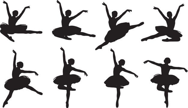 Black Solid Ballet Brise Cabriole Silhouettes Set of Six on White Background