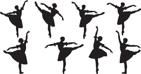 Black Solid Ballet Glissade Jete Silhouettes Set of Six on White Background © AADIL