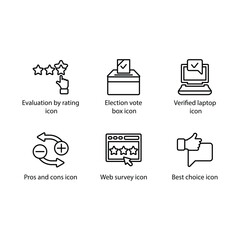 Evaluation by rating, Election vote box, Verified laptop, Pros and cons, Web survey, Best choice, icon