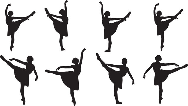 Black Solid Ballet Developpe Silhouettes Set of Six on White Background
