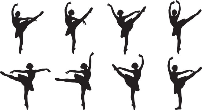 Black Solid Ballet Kick Extensions Silhouettes Set of Six on White Background