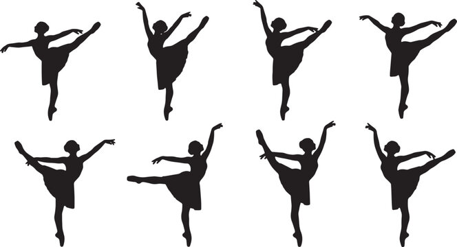 Black Solid Ballet Penche Balance Silhouettes Set of Six on White Background