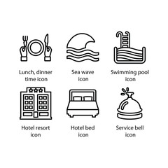 Dinner time, Sea wave, Swimming pool, Hotel resort, Hotel bed, Service bell, icon
