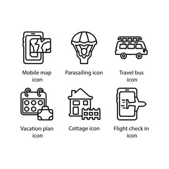 Mobile map, Parasailing, Travel bus, Vacation plan, Cottage, Flight check in, icon