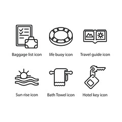 Baggage list, life buoy, Travel guide, Sun rise, Bath Towel, Hotel key, icon