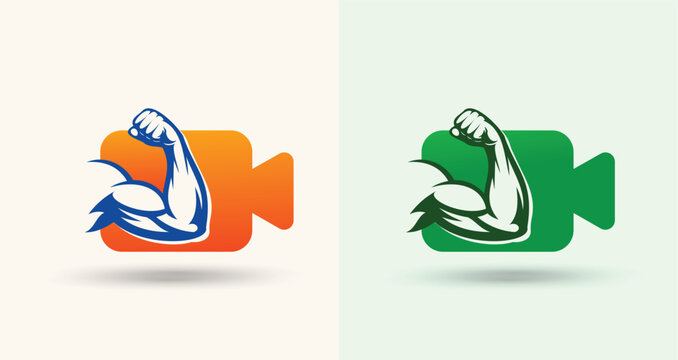 Video Camera and Bicep Logo for Fitness Media Production Branding
