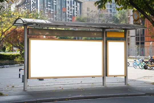 The blank side of the road city billboards, blank white mockups at bus station