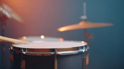 Obraz premium Close-up of drum kit on stage with cymbals and warm concert lighting