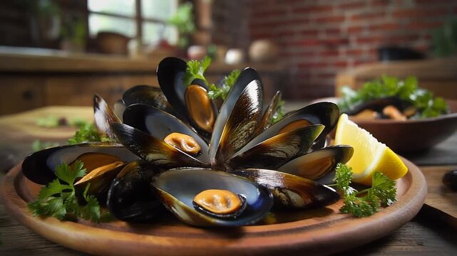 Freshly steamed mussels on wooden plate with lemon and herbs on kitchen table