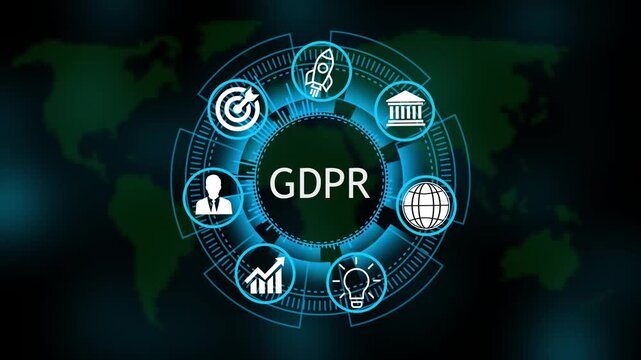 GDPR System Software Automation concept on virtual screen data center. Modern Technology, Internet and social media icons 4K animation on world map 