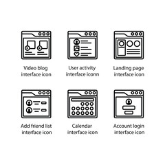 Video blog, User activity, Landing page, Add friend list, Calendar, Account login, icon
