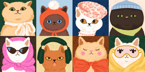 Funny cats in hats, glasses, wearing bow accessory, headphones, sunglasses and scarf. Modern fashion style feline animals. Cute pets, head portraits, kitty characters. Flat vector illustration © Good Studio
