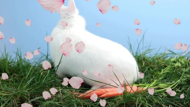 Small white rabbit sniffing and nibbling grass, shifting left and lifting ears, prompted by carrots