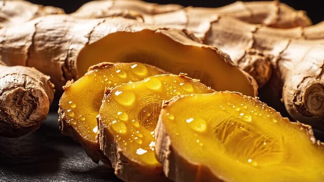 Sliced fresh ginger root with water droplets on a dark surface