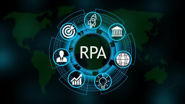 RPA System Software Automation concept on virtual screen data center. Modern Technology, Internet and social media icons 4K animation on world map 