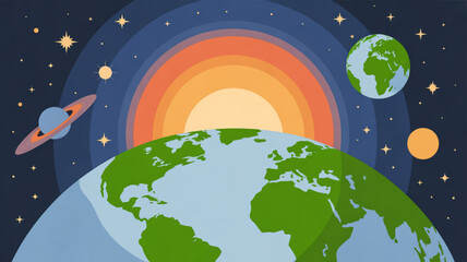 Fototapeta premium Vibrant earth from space with rainbow sun and planets in starry night sky representing global harmony and environmental awareness