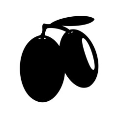 Silhouette of two black olives on a twig with a leaf isolated