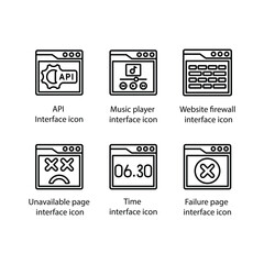 API, Music player, Website firewall, Unavailable page, Time, Failure page, icon