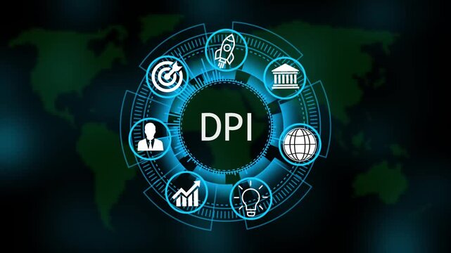 DPI System Software Automation concept on virtual screen data center. Modern Technology, Internet and social media icons 4K animation on world map 