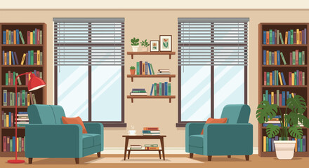 Cozy home library interior with armchairs bookshelves window and reading table flat vector illustration © EdGe Creative