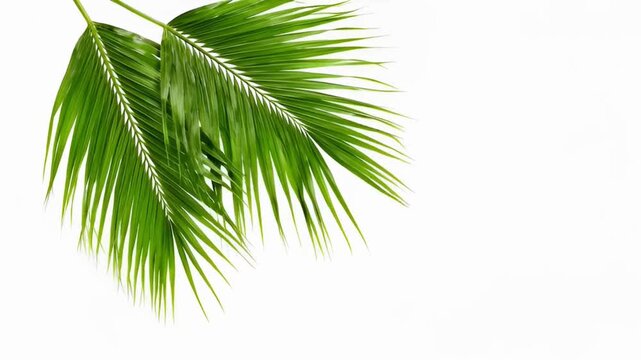 Green coconut palm leaves sway gently in the breeze on a bright white background