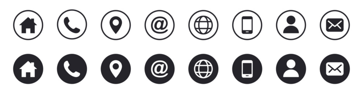 Web icon set. Contact symbols. Home, phone, mail, address, website icons. Vector illustration