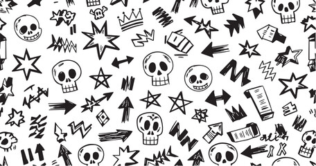 Seamless Pattern with Hand-Drawn Skulls, Stars, and Arrows in Doodle Style