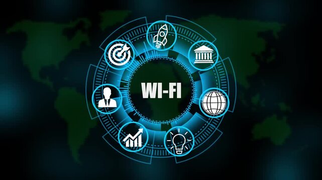 WI-FI System Software Automation concept on virtual screen data center. Modern Technology, Internet and social media icons 4K animation on world map 