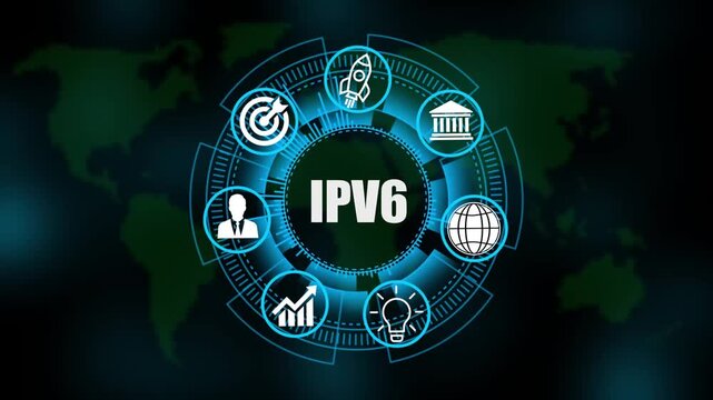 ipv6 System Software Automation concept on virtual screen data center. Modern Technology, Internet and social media icons 4K animation on world map 