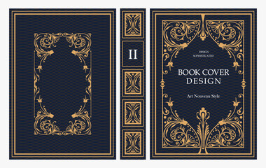Fototapeta premium Classic vintage book cover and spine design with Art Deco, Baroque, Art Nouveau and Victorian ornaments. Elegant decorative frame, luxurious retro style for publications, posters and artistic layouts