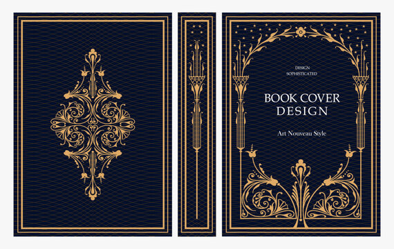 Classic vintage book cover and spine design with Art Deco, Baroque, Art Nouveau and Victorian ornaments. Elegant decorative frame, luxurious retro style for publications, posters and artistic layouts