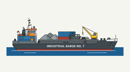 Industrial barge carrying cargo and gravel on water