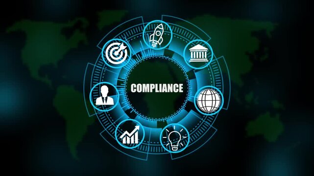 compliance System Software Automation concept on virtual screen data center. Modern Technology, Internet and social media icons 4K animation on world map 