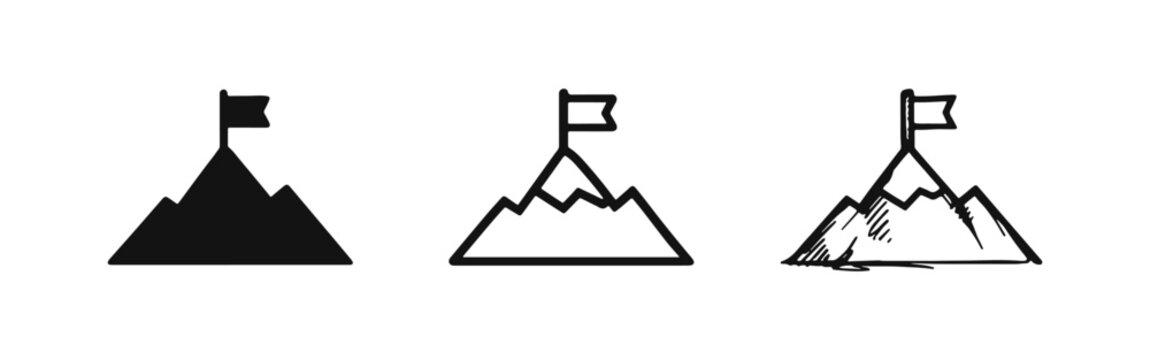 Mountain with flag icon set. Goal, achievement, success, and challenge symbol.