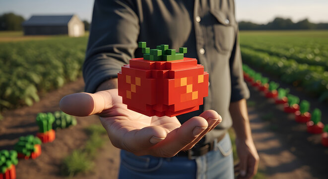 A farmer harvests 8-bit, pixelated vegetables on a real farm