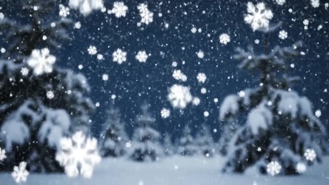 Magical winter forest scene with glowing snowflakes falling at night