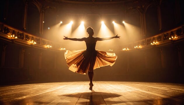 Ballerina's Dramatic Silhouette in a Swirling Skirt Under Golden Spotlights