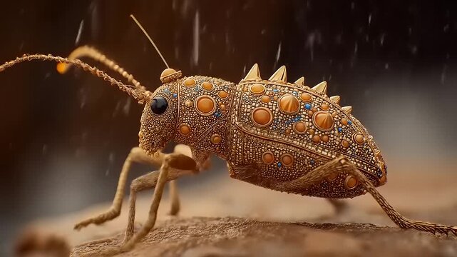 Close-up of a Spiky Insect in Rain.