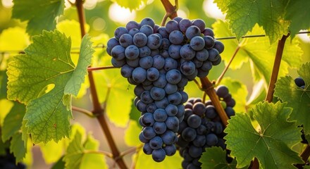 Cluster of ripe purple wine grapes hanging on a healthy green vine in a vineyard during the late summer harvest season, pressing, grape, raw