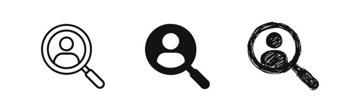 User search icon set with magnifying glass and person in outline, solid, and hand-drawn styles