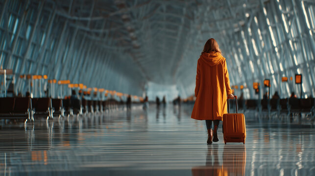 Woman walking through modern airport terminal with suitcase &mdash; concept of travel, journey, tourism, mobility, and global transportation.