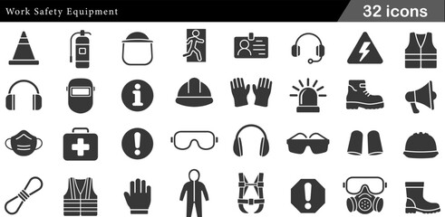 Work Safety Equipment High Contrast Solid Icons Personal Protective Equipment (PPE), Hard Hats, Safety Vests, Industrial Gear and Hazard Protection Symbols