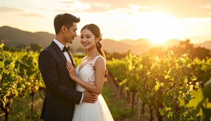 Elegant Asian Newlyweds Embracing Amidst Grapevines at Golden Sunset