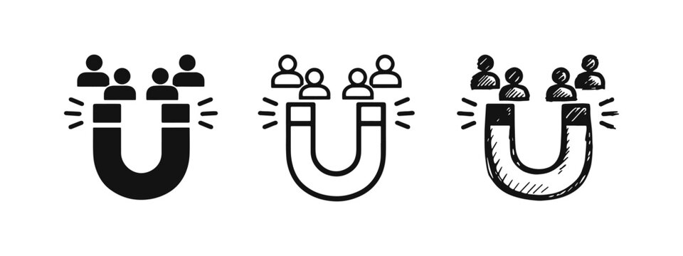 Customer attraction or lead generation magnet icon set, illustrating a magnet pulling people.