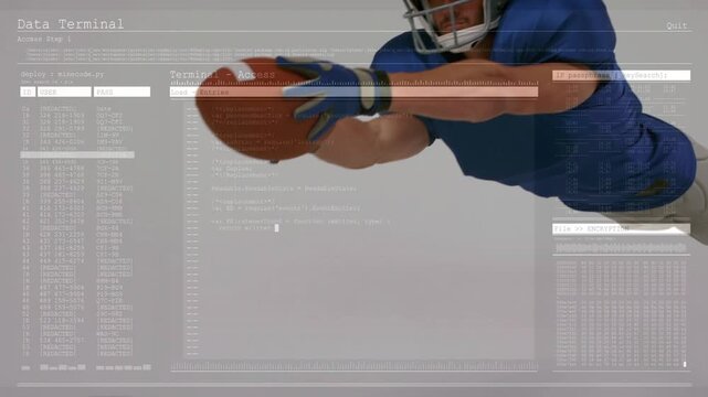 Football player entering diving catching ball landing while Data UI tracking motion securing catch