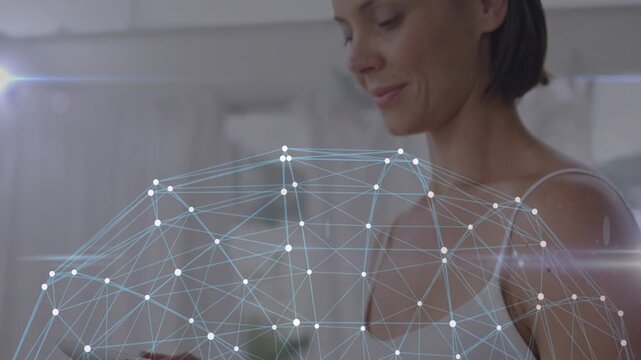 Woman tapping smartphone using stylus, leaning in to examine tech mesh overlay moving with frame