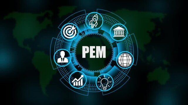 PEM System Software Automation concept on virtual screen data center. Modern Technology, Internet and social media icons 4K animation on world map 
