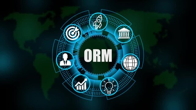 ORM System Software Automation concept on virtual screen data center. Modern Technology, Internet and social media icons 4K animation on world map 