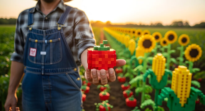A farmer harvests 8-bit, pixelated vegetables on a real farm