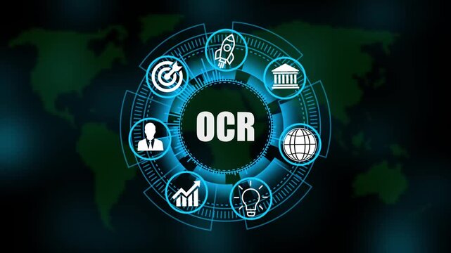 OCR System Software Automation concept on virtual screen data center. Modern Technology, Internet and social media icons 4K animation on world map 